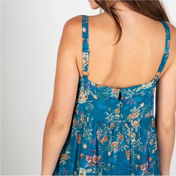 Natural Life | Patti Side Slit Maxi Dress Blue Turquoise Cream Roses New Medium - Picture 7 of 14